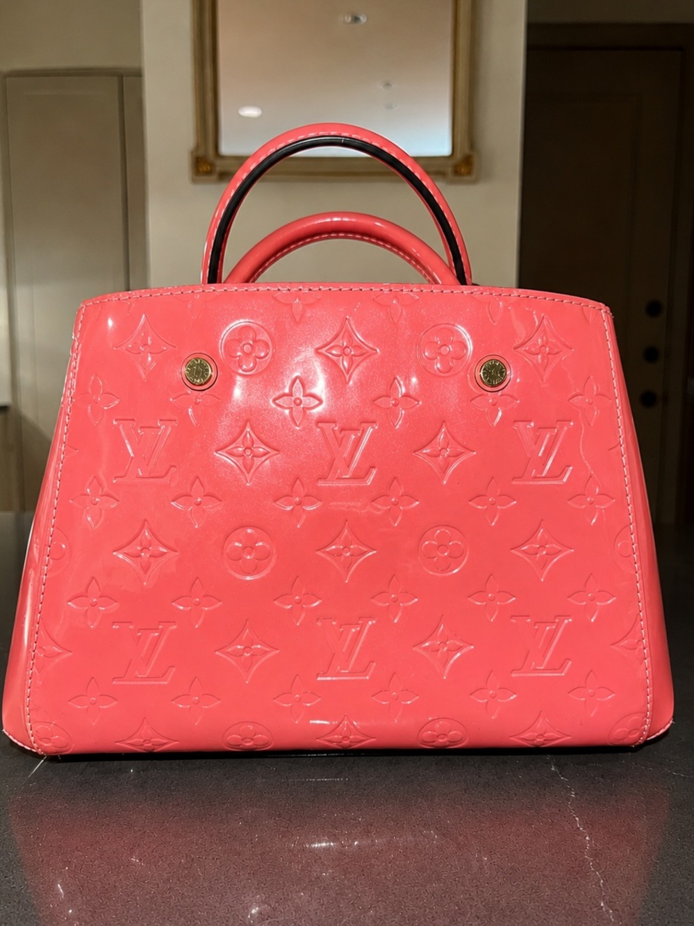 Louis Vuitton Montaigne BB Vernis Monogram Coral Top Handle Satchel